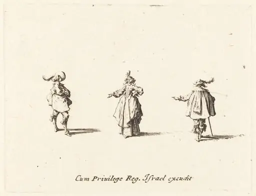 Lady with Outstretched Arm, and Two Gentlemen, by Jacques Callot
