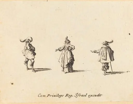 Lady with Outstretched Arm, and Two Gentlemen, by Jacques Callot