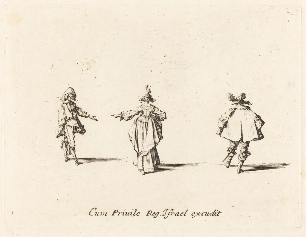 Lady with Outstretched Arm, Seen from Behind, and Two Gentlemen, by Jacques Callot, ink, 1634