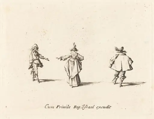 Lady with Outstretched Arm, Seen from Behind, and Two Gentlemen, by Jacques Callot