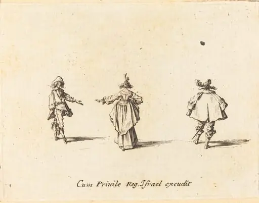 Lady with Outstretched Arm, Seen from Behind, and Two Gentlemen, by Jacques Callot