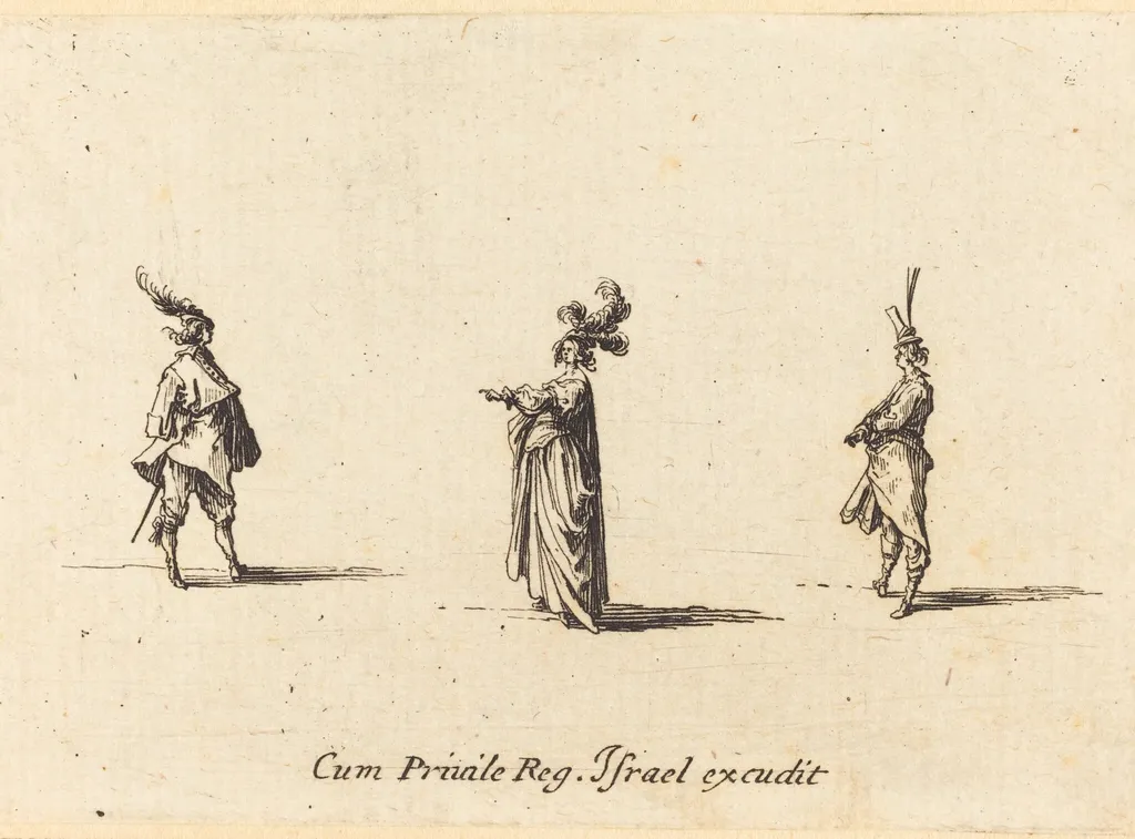 Lady with Plumed Hat, and Two Gentlemen, by Jacques Callot, ink, 1634