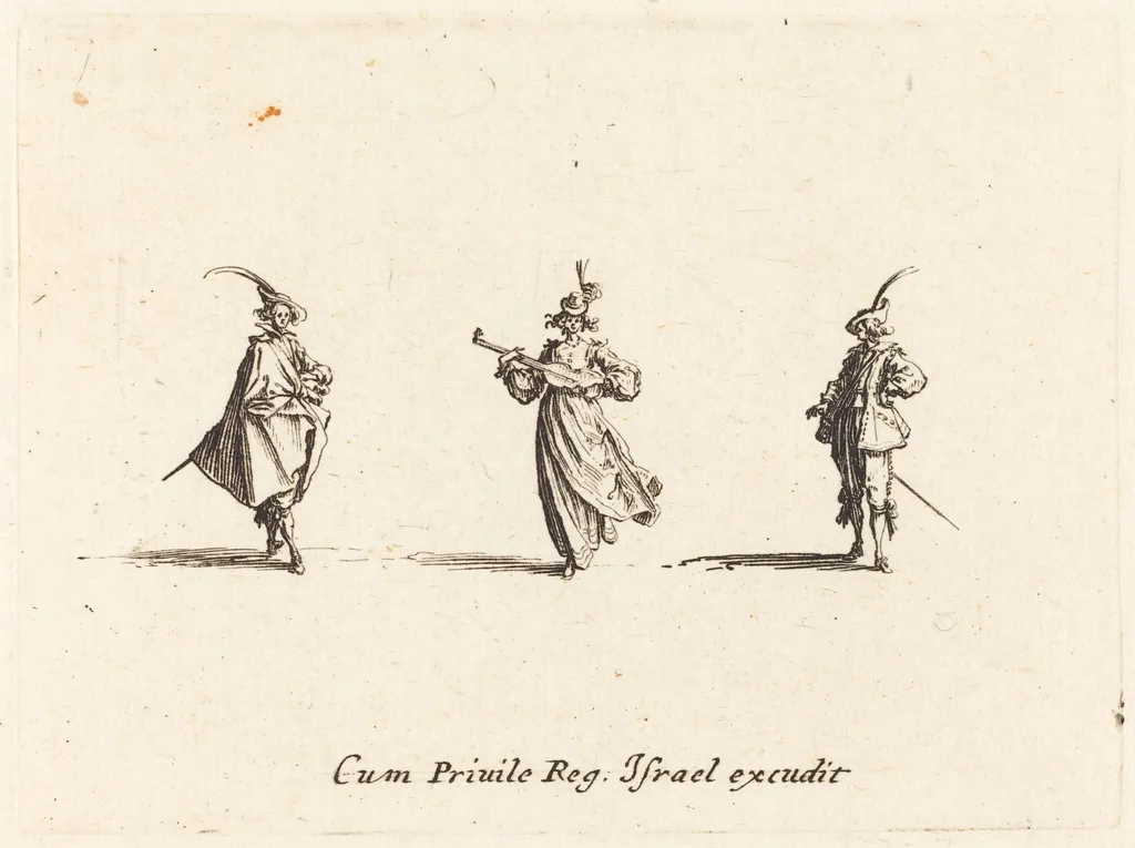 Lady with String Instrument, and Two Gentlemen, by Jacques Callot, ink, 1634