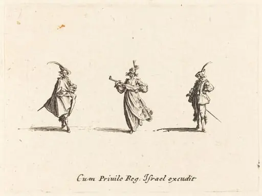 Lady with String Instrument, and Two Gentlemen, by Jacques Callot