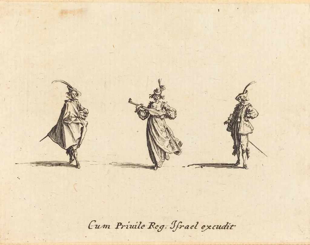 Lady with String Instrument, and Two Gentlemen, by Jacques Callot, ink, 1634