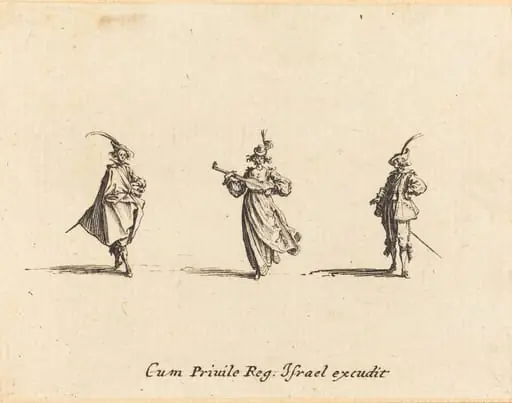Lady with String Instrument, and Two Gentlemen, by Jacques Callot