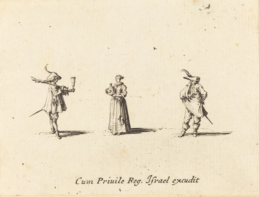 Lady with Wine Bottle, and Two Gentlemen, by Jacques Callot, ink, 1634
