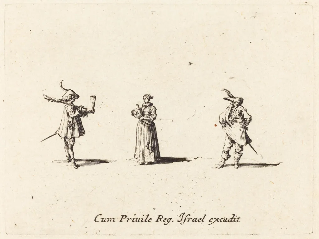 Lady with Wine Bottle, and Two Gentlemen, by Jacques Callot, ink, 1634
