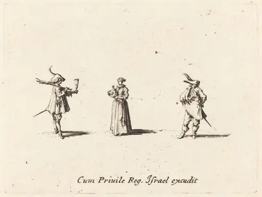 Lady with Wine Bottle, and Two Gentlemen, by Jacques Callot