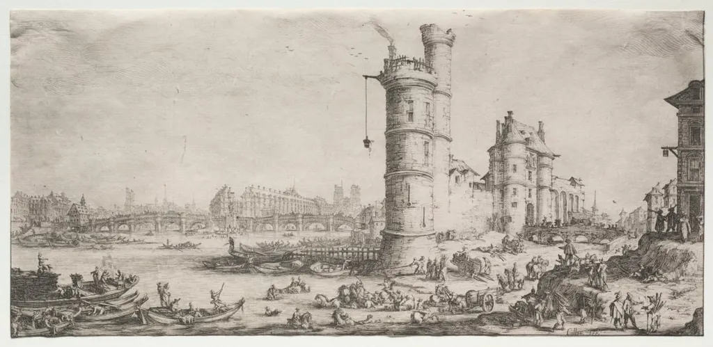 Les deux grandes vues de Paris: Vue du Pont Neuf, by Jacques Callot, 1629