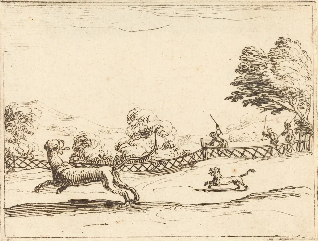 Lioness and Cub Pursued by Hunters, by Jacques Callot, ink, 1628