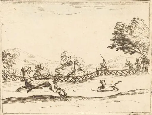 Lioness and Cub Pursued by Hunters, by Jacques Callot