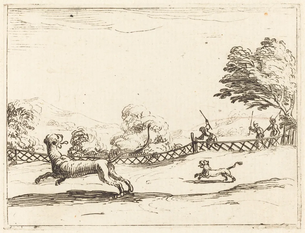 Lioness and Cub Pursued by Hunters, by Jacques Callot, ink, 1628