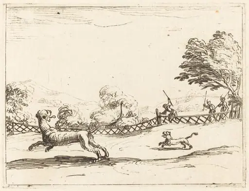 Lioness and Cub Pursued by Hunters, by Jacques Callot