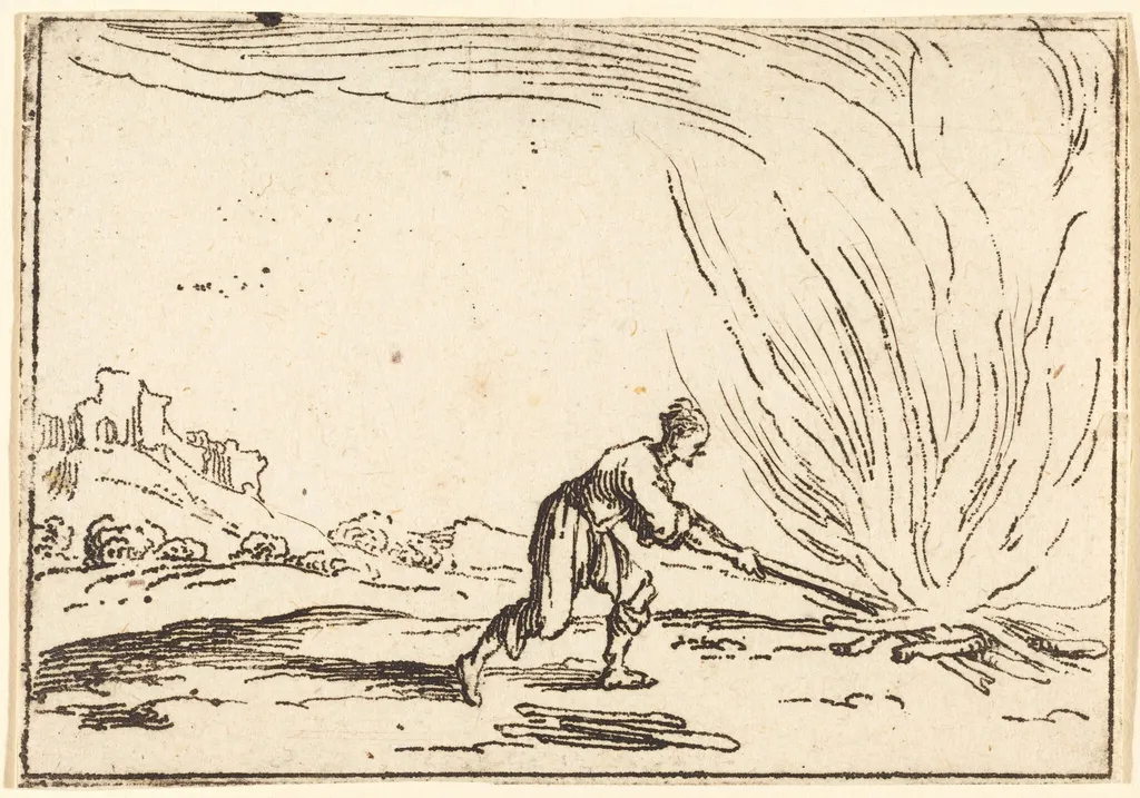 Man Attending a Fire, by Jacques Callot, ink, 1628