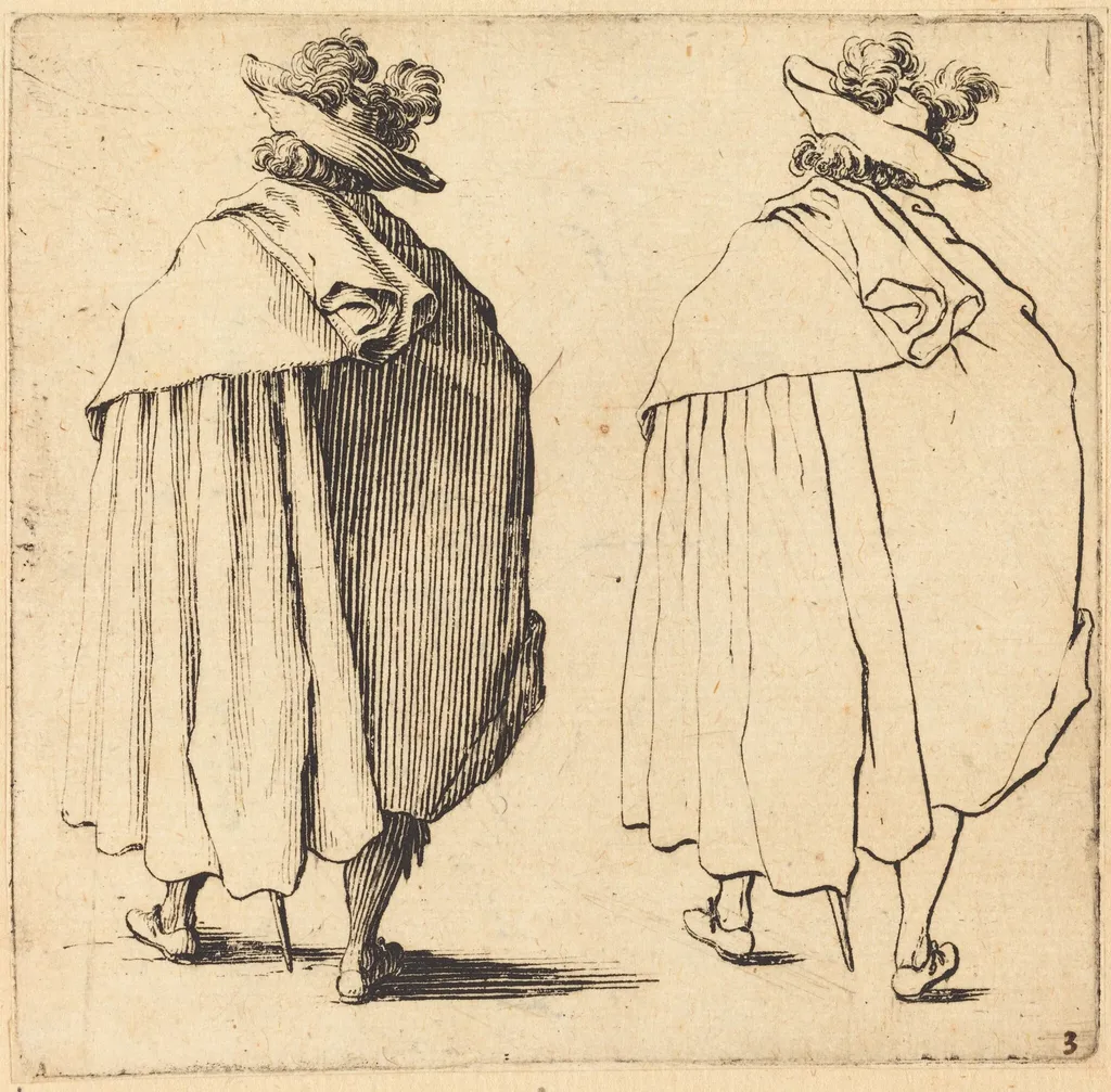Man in Cloak, Seen from Behind, by Jacques Callot, ink, 1622