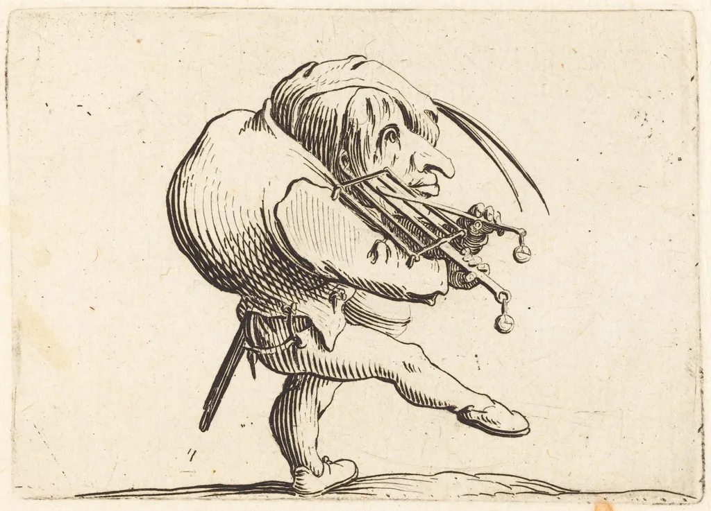Man Scraping a Grill, by Jacques Callot, ink, 1622