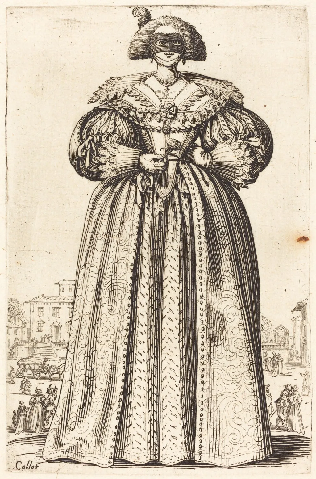 Masked Noble Woman, by Jacques Callot, ink, 1622