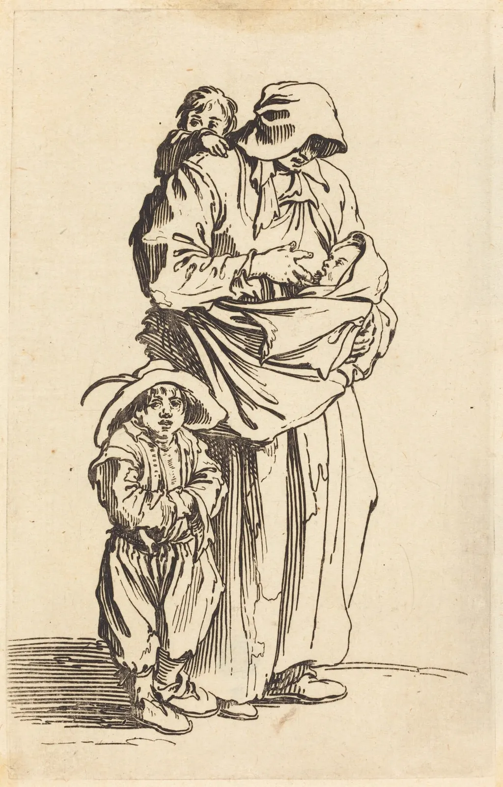 Mother and Three Children, by Jacques Callot, ink, 1622