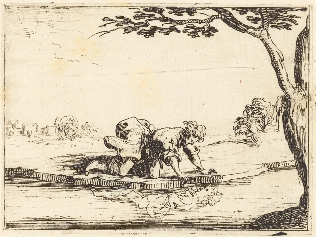 Narcissus Looking in the Water, by Jacques Callot, ink, 1628