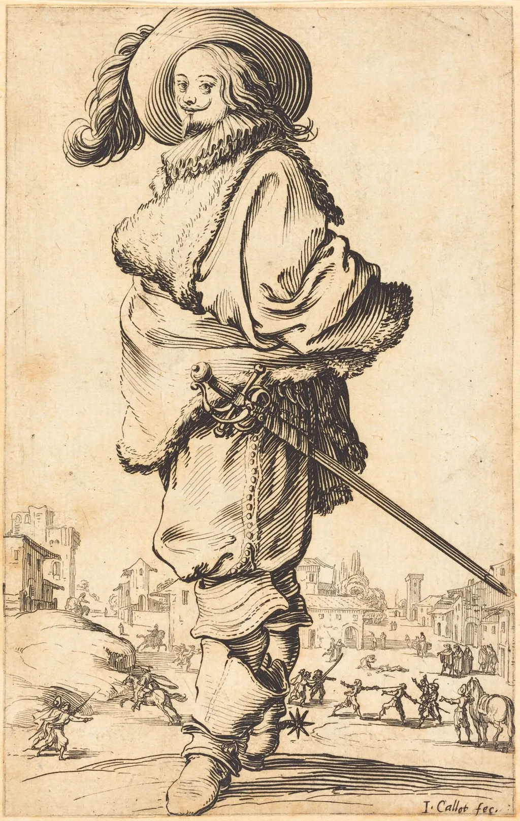 Noble Man with Fur Plastron, by Jacques Callot, ink, 1622