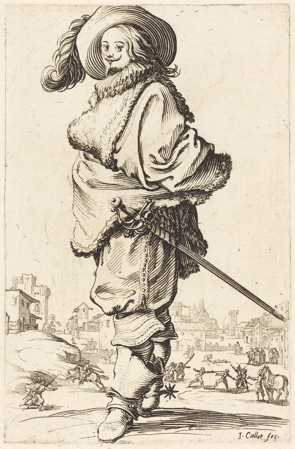Noble Man with Fur Plastron, by Jacques Callot, ink, 1622