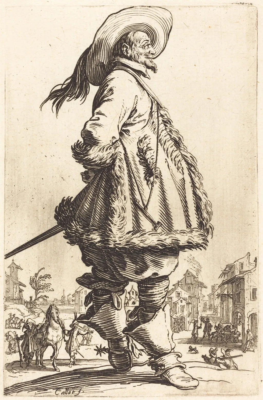 Noble Man with Mantle Trimmed in Fur, Holding his Hands Behind his Back, by Jacques Callot, ink, 1622