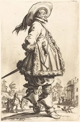 Noble Man with Mantle Trimmed in Fur, Holding his Hands Behind his Back, by Jacques Callot