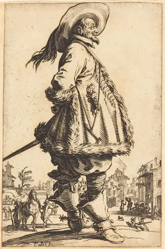 Noble Man with Mantle Trimmed in Fur, Holding his Hands Behind his Back, by Jacques Callot