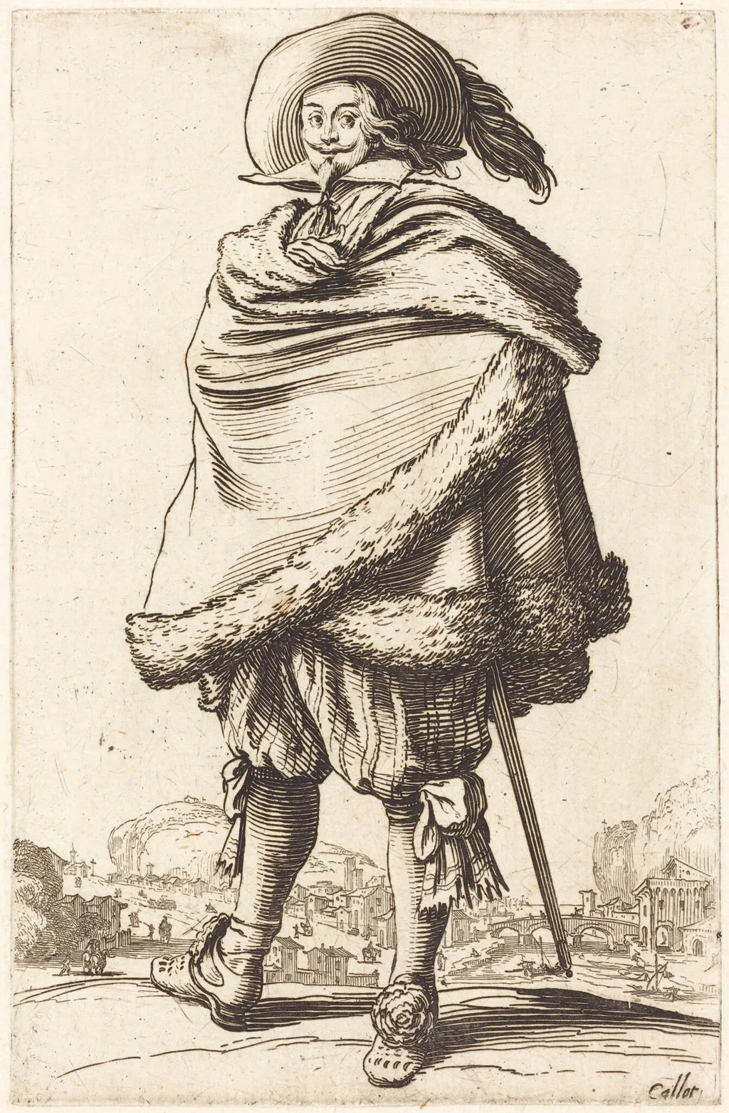 Noble Man Wrapped in a Mantle Trimmed with Fur, by Jacques Callot, ink, 1622