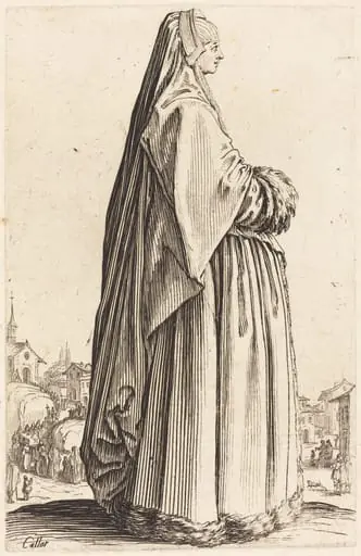 Noble Woman Wearing a Veil and a Dress Trimmed in Fur, by Jacques Callot