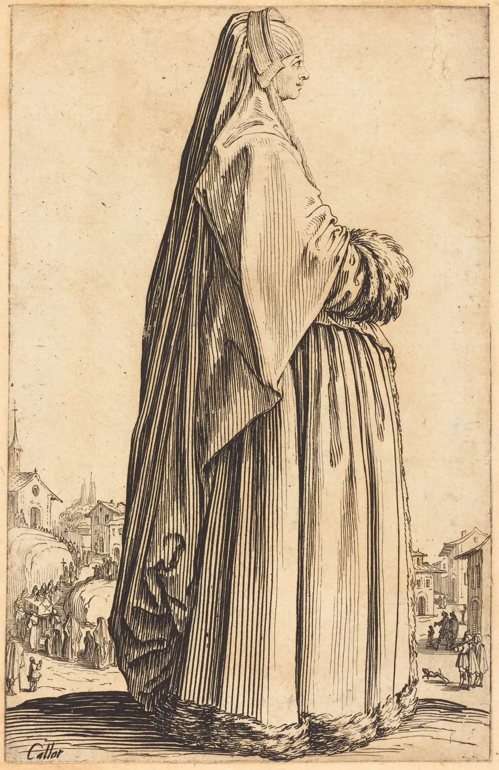 Noble Woman Wearing a Veil and a Dress Trimmed in Fur, by Jacques Callot, ink, 1622