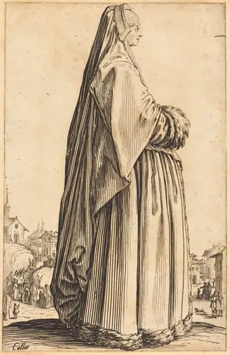 Noble Woman Wearing a Veil and a Dress Trimmed in Fur, by Jacques Callot