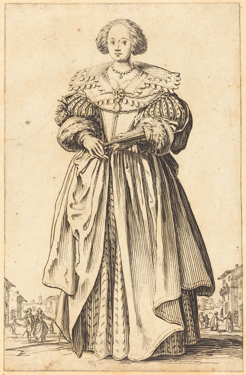 Noble Woman with Fan, by Jacques Callot, ink, 1622