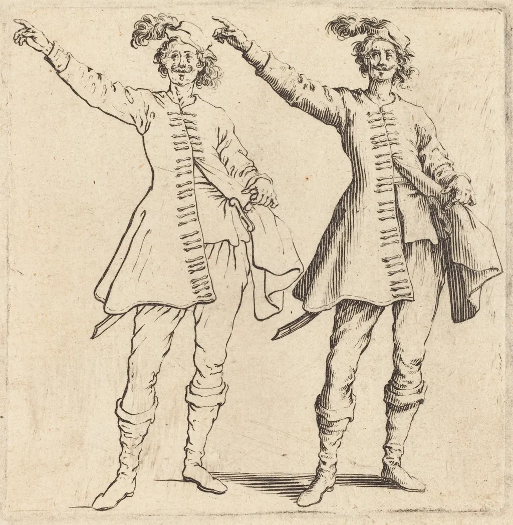 Officer, with Arm Extended, Front View, by Jacques Callot, ink, 1622