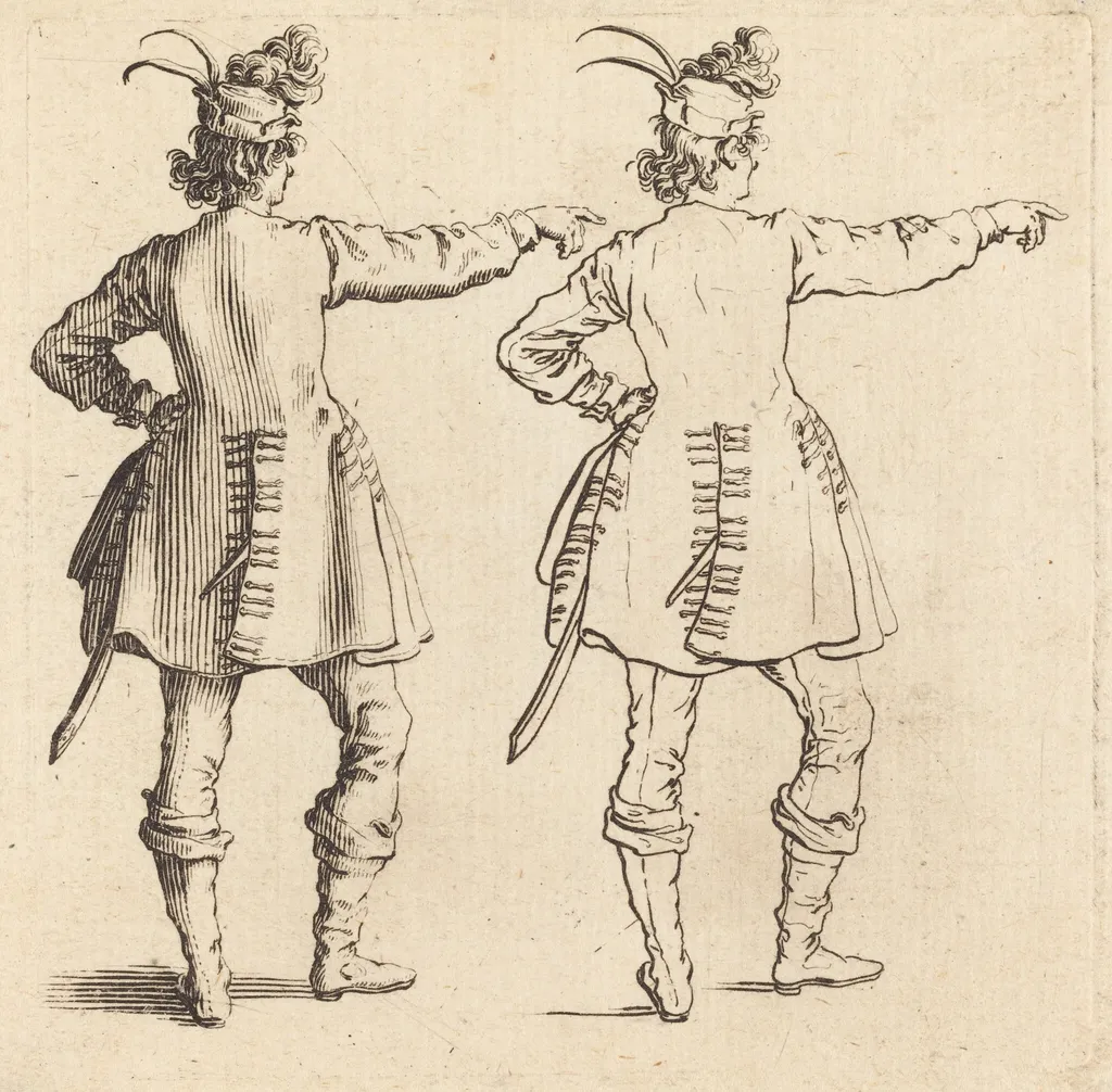 Officer with Feathers in Cap, Seen from Behind, by Jacques Callot, ink, 1622