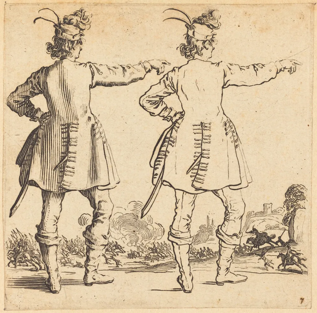 Officer with Feathers in Cap, Seen from Behind, by Jacques Callot, ink, 1622