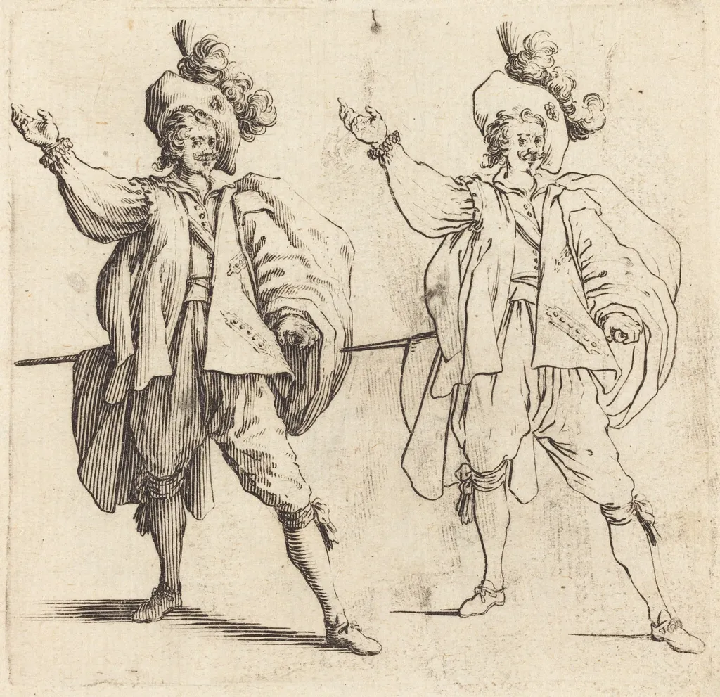 Officer with Large Plume, Front View, by Jacques Callot, ink, 1622