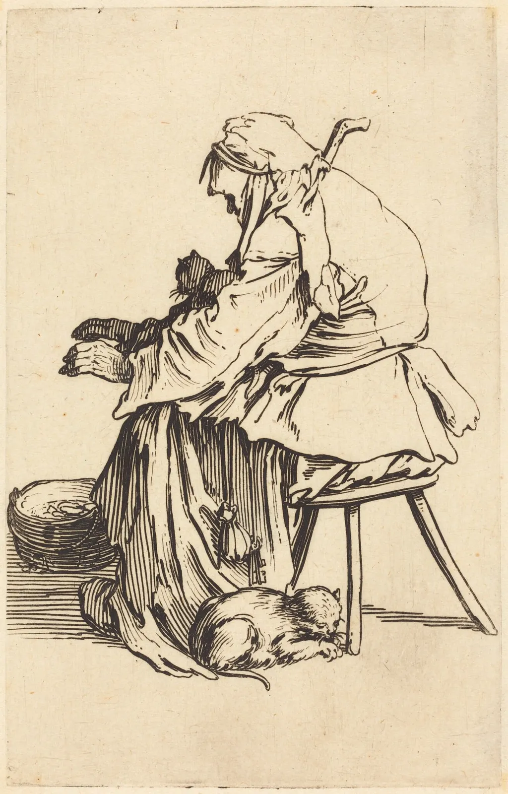 Old Woman with Cats, by Jacques Callot, ink, 1622