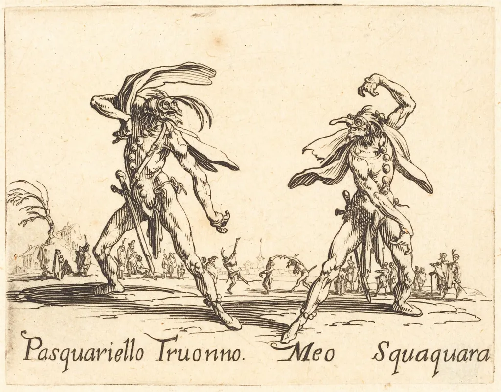 Pasquariello Truonno and Meo Squaquara, by Jacques Callot, ink, 1622