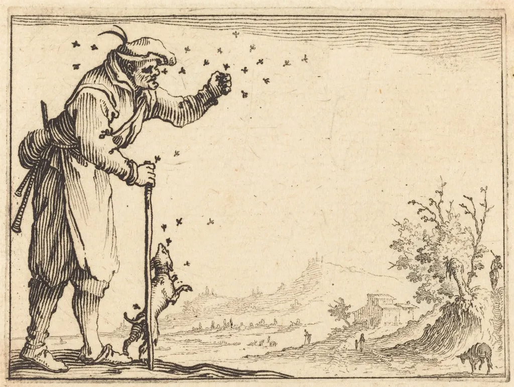 Peasant Attacked by Bees, by Jacques Callot, ink, 1617