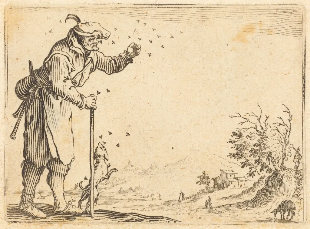 Peasant Attacked by Bees, by Jacques Callot, ink, 1622