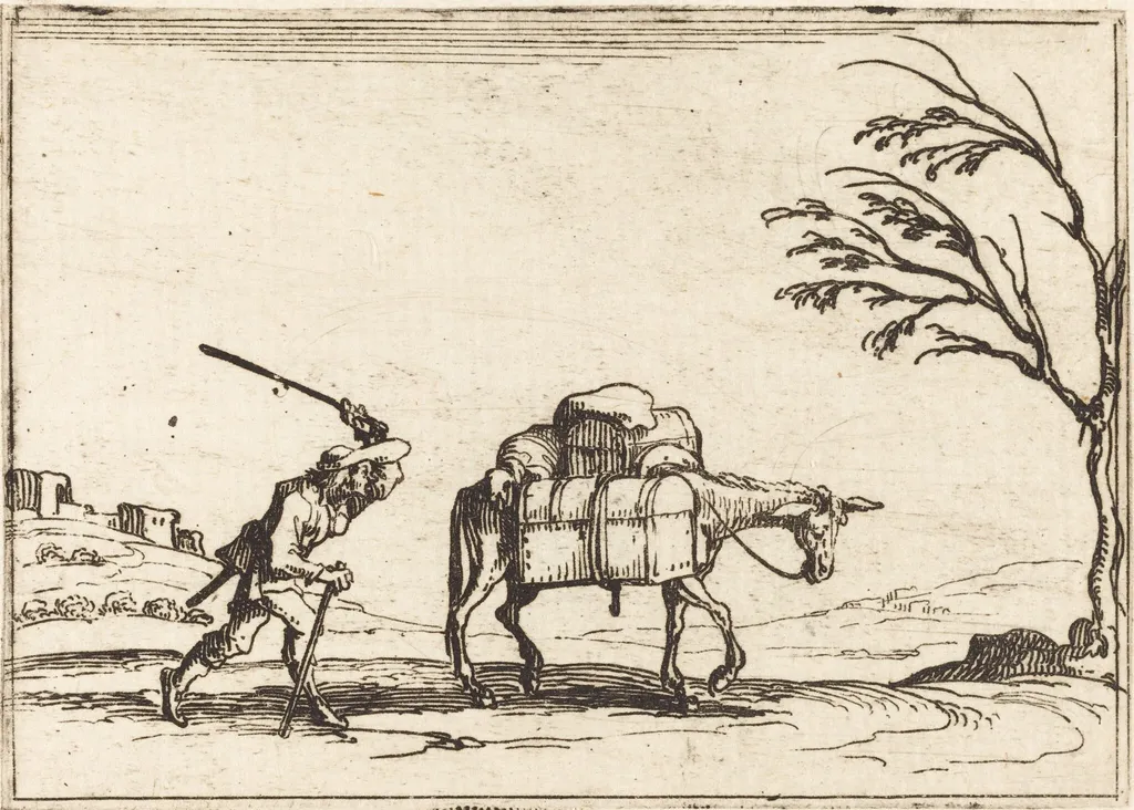 Peasant Whipping his Donkey, by Jacques Callot, ink, 1628