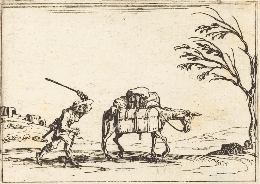 Peasant Whipping his Donkey, by Jacques Callot, ink, 1628
