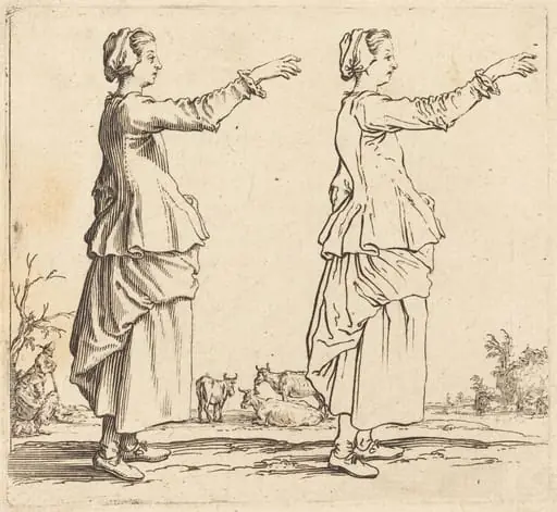 Peasant Woman, in Profile, Facing Right, with Arm Extended, by Jacques Callot