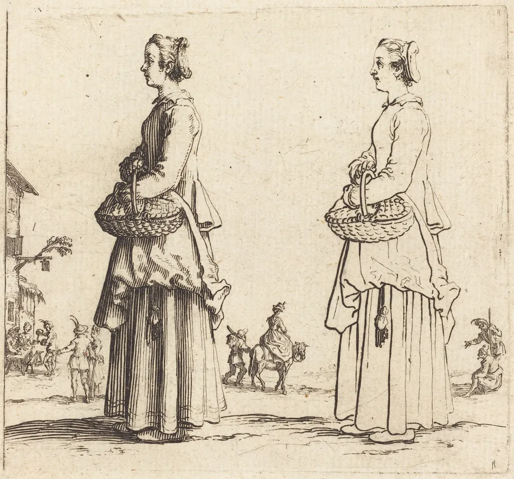 Peasant Woman with Basket, in Profile, Facing Left, by Jacques Callot, ink, 1622