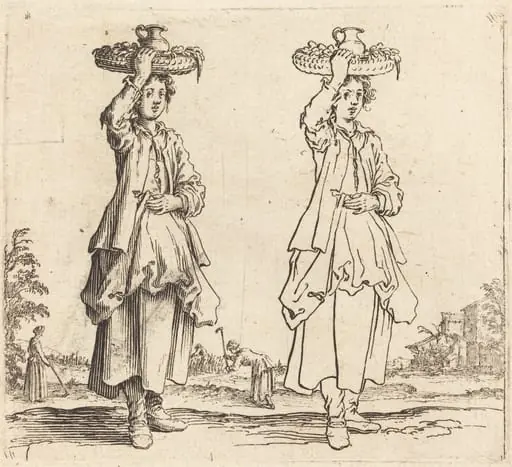 Peasant Woman with Basket on Head, Front View, by Jacques Callot