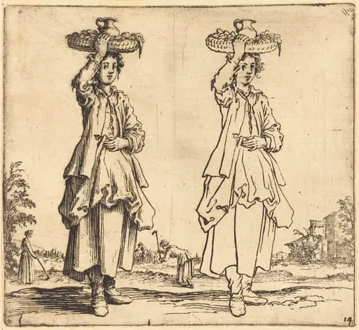 Peasant Woman with Basket on Head, Front View, by Jacques Callot