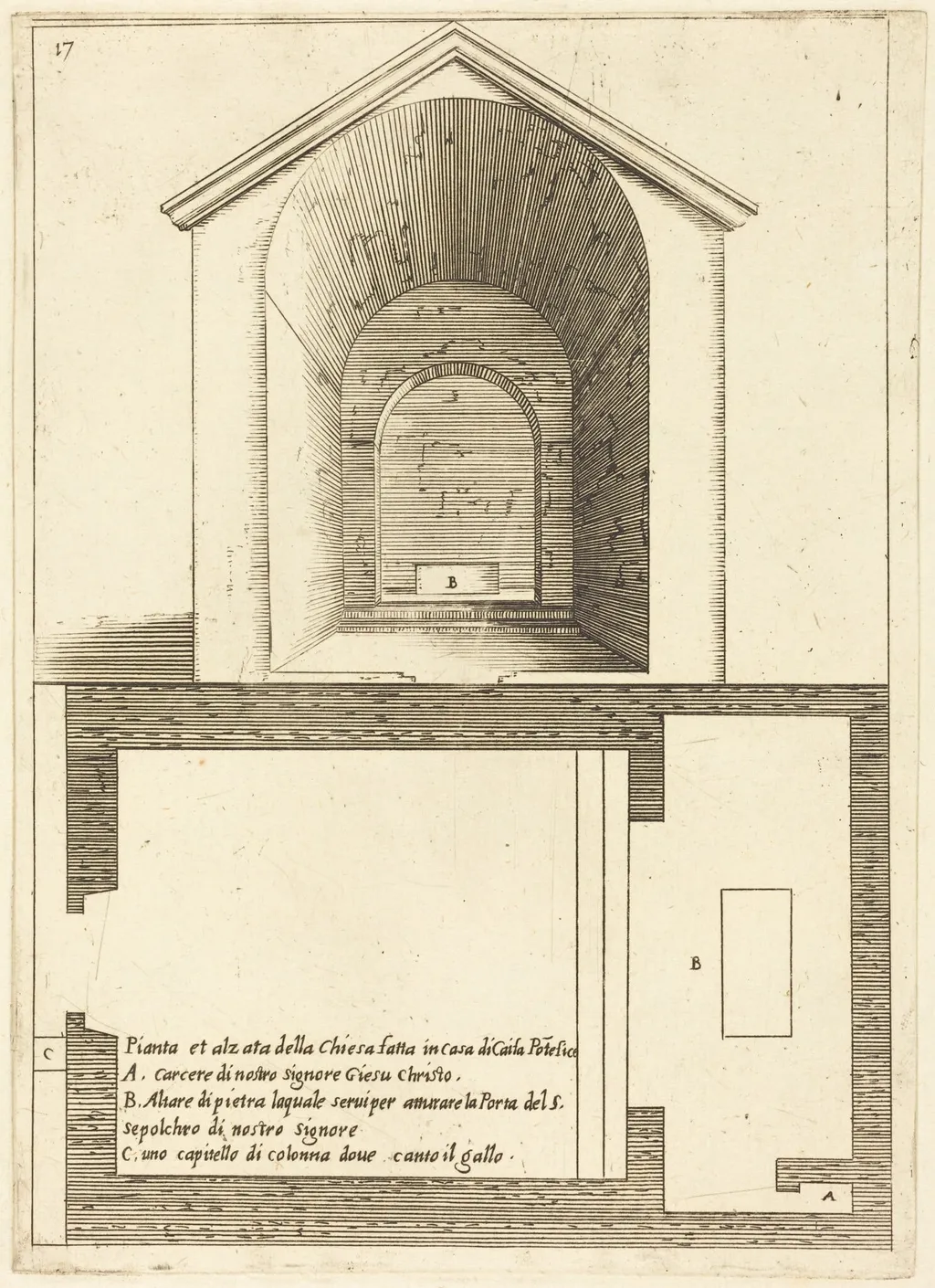 Plan and Elevation of the Church near the House of Caiaphas, by Jacques Callot, ink, 1619