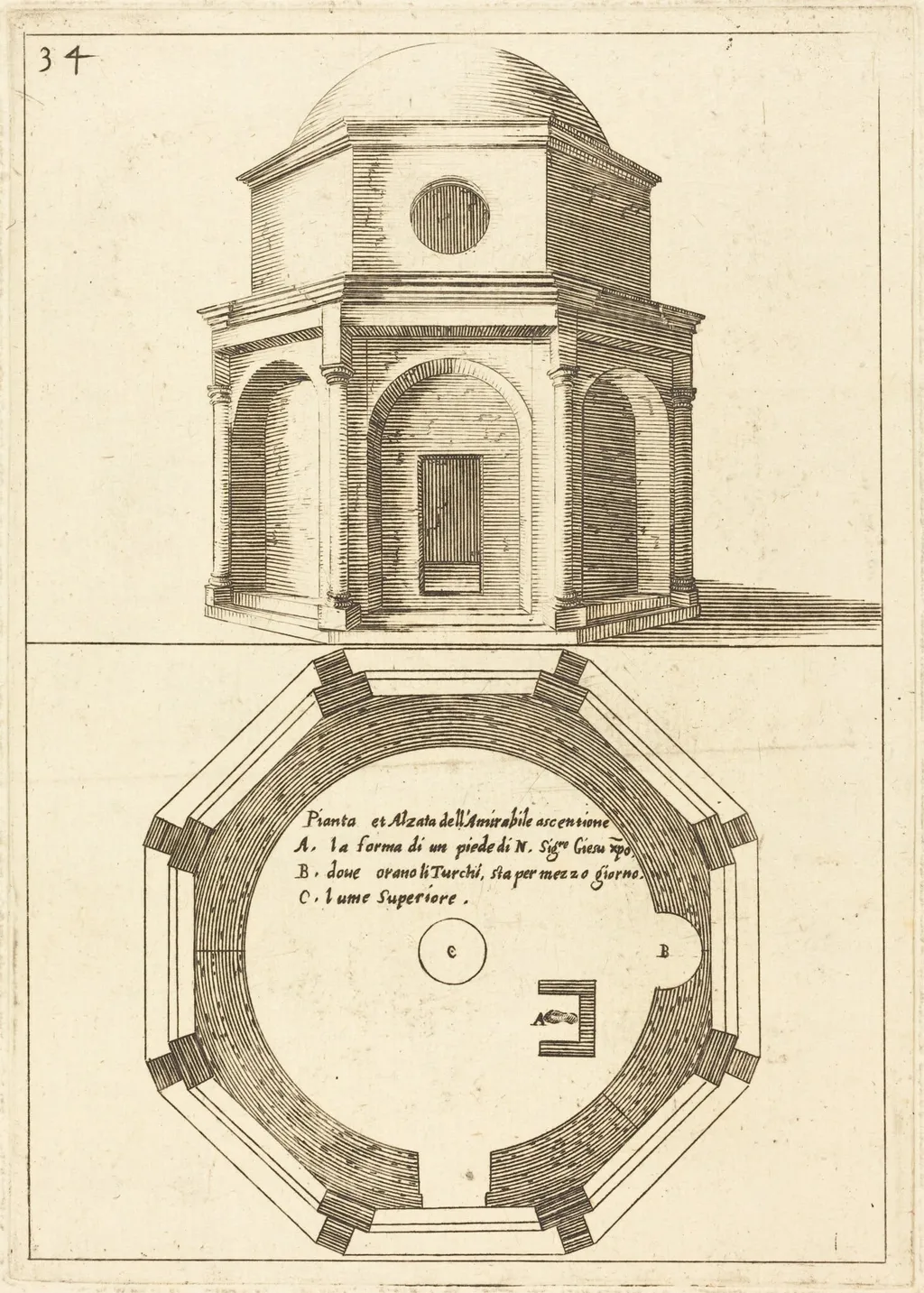 Plan and Elevation of the Church of the Ascension, by Jacques Callot, ink, 1619